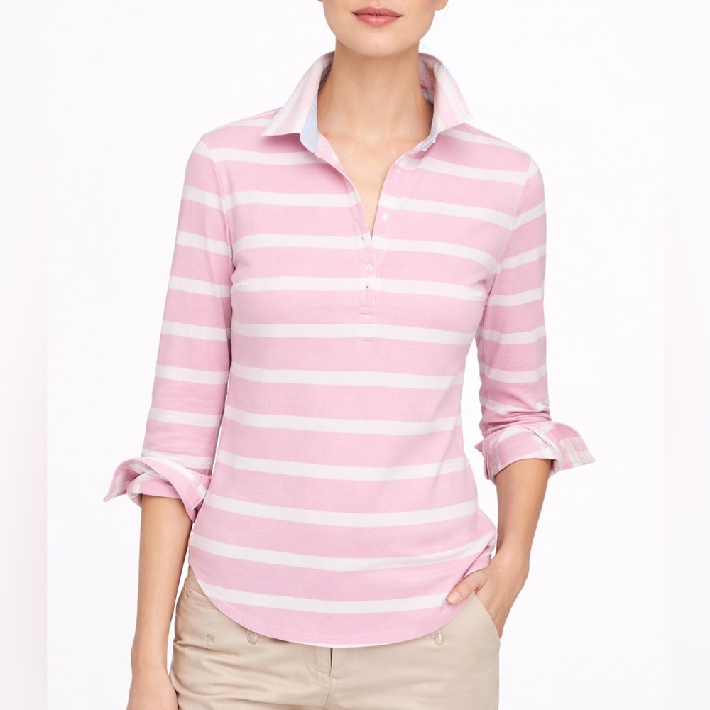J. Crew Y2K Pink/White Stripe Lightweight Cotton Polo Long Sleeve Summer Preppy